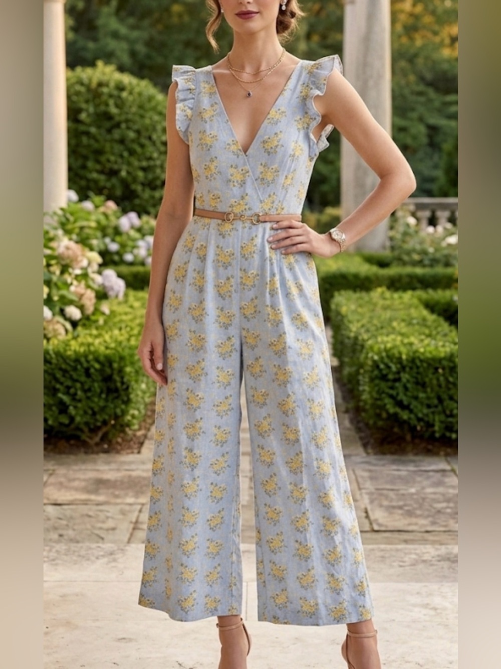 Happy X Nature Blue Yellow Floral‎ Cotton Wide Leg Ruffle Jumpsuit 12 CN120012